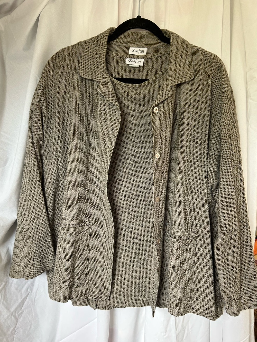 THREE PIECE TOOFAN set Beige & Black Woven Cotton Skirt, Top, Jacket. Size Large